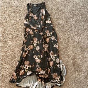 Gray and pink floral loft midi wrap dress